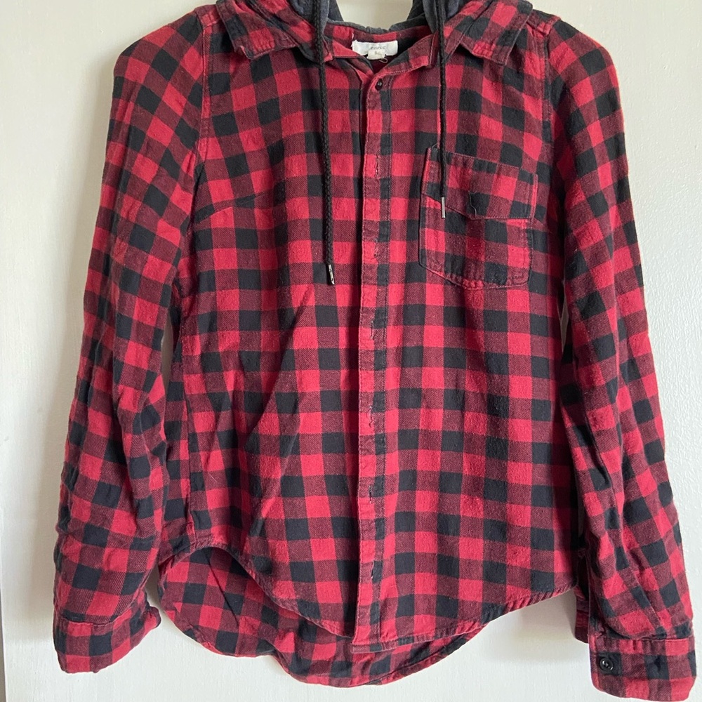 Ardene Red and Black Plaid Hooded Button-Down Top